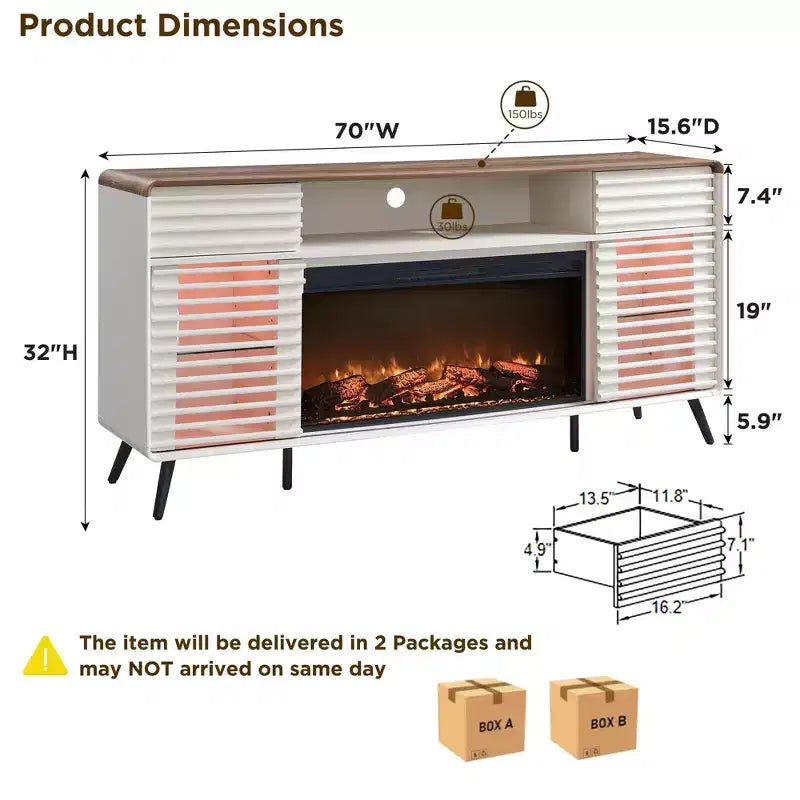 Meuble TV Cheminée de 70 po, pour téléviseur de 80 po, avec Cheminée Électrique de 36 po, Télécommande, Types de Flammes 3D & Lumières LED, Portes Coulissantes à Lattes, Tiroirs