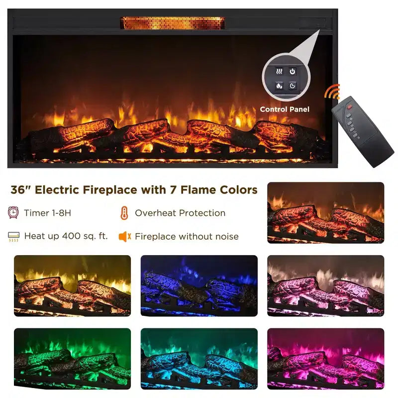 Meuble TV Cheminée de 70 po, pour téléviseur de 80 po, avec Cheminée Électrique de 36 po, Télécommande, Types de Flammes 3D & Lumières LED, Portes Coulissantes à Lattes, Tiroirs