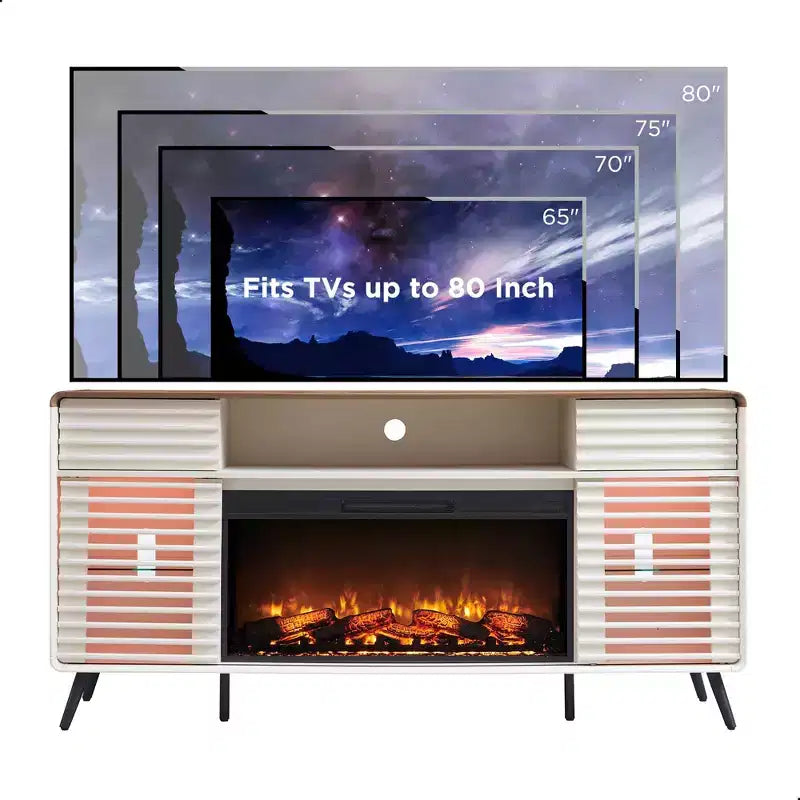 Meuble TV Cheminée de 70 po, pour téléviseur de 80 po, avec Cheminée Électrique de 36 po, Télécommande, Types de Flammes 3D & Lumières LED, Portes Coulissantes à Lattes, Tiroirs