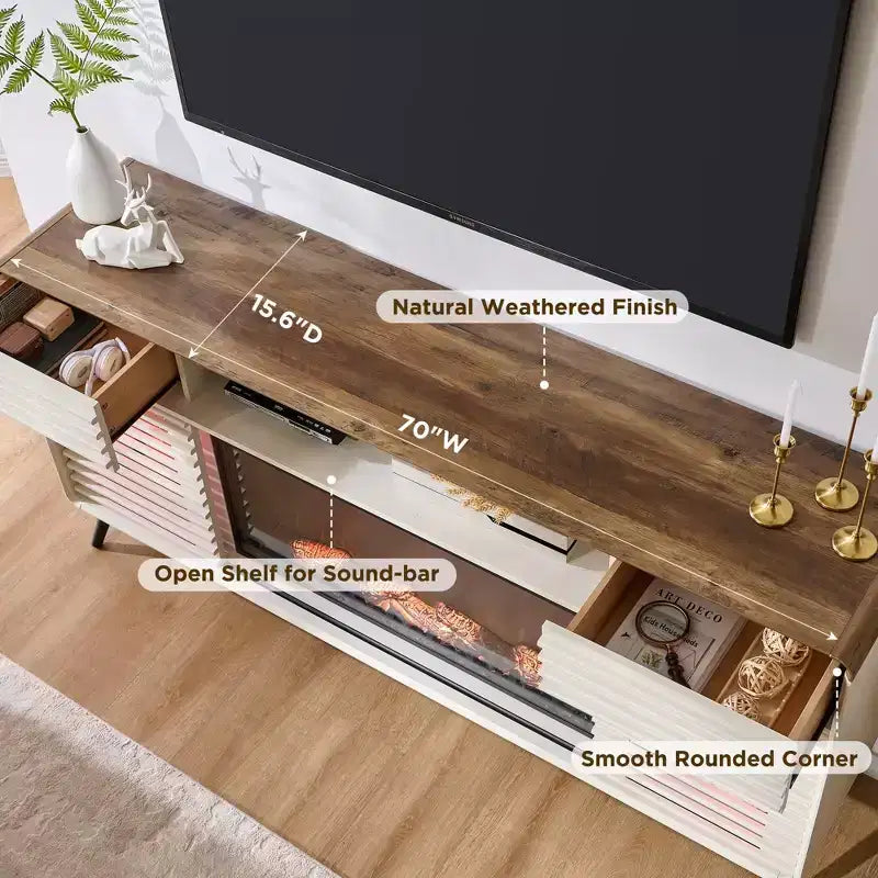 Meuble TV Cheminée de 70 po, pour téléviseur de 80 po, avec Cheminée Électrique de 36 po, Télécommande, Types de Flammes 3D & Lumières LED, Portes Coulissantes à Lattes, Tiroirs