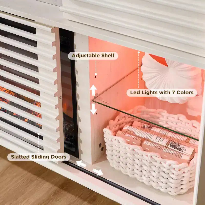 Meuble TV Cheminée de 70 po, pour téléviseur de 80 po, avec Cheminée Électrique de 36 po, Télécommande, Types de Flammes 3D & Lumières LED, Portes Coulissantes à Lattes, Tiroirs
