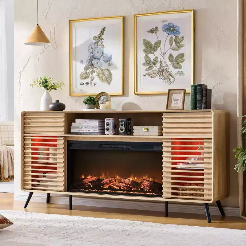 Meuble TV Cheminée de 70 po, pour téléviseur de 80 po, avec Cheminée Électrique de 36 po, Télécommande, Types de Flammes 3D & Lumières LED, Portes Coulissantes à Lattes, Tiroirs