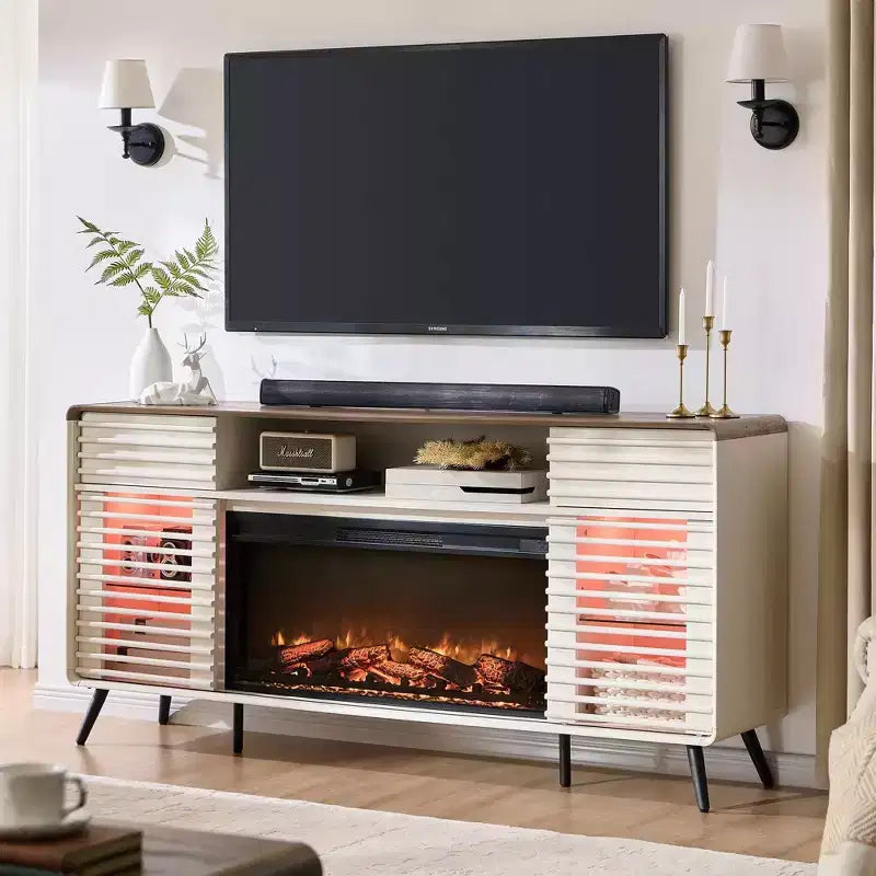 SinCiDo 70 Fireplace TV Stand, for 80 TV, w/ 36 Electric Fireplace, Remote Control, 3D Types of Flames & LED Lights, Slatted Sliding Doors,Drawers