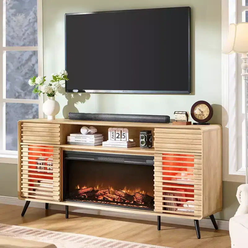 Meuble TV Cheminée de 70 po, pour téléviseur de 80 po, avec Cheminée Électrique de 36 po, Télécommande, Types de Flammes 3D & Lumières LED, Portes Coulissantes à Lattes, Tiroirs