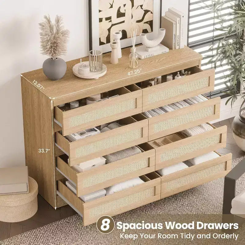 Armoires de rangement décoratives en rotin, commode pour chambre à coucher, commode à 8 tiroirs pour placard