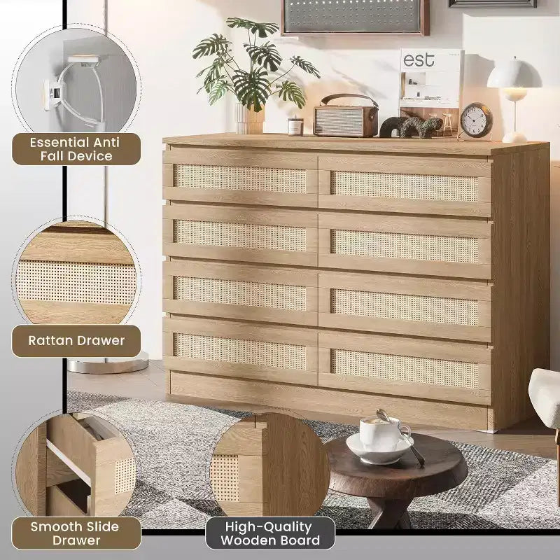 Armoires de rangement décoratives en rotin, commode pour chambre à coucher, commode à 8 tiroirs pour placard
