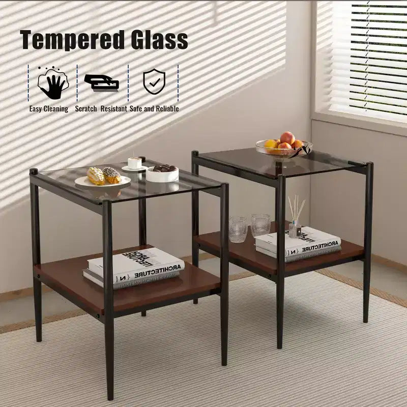 Table d'appoint rectangulaire, dessus de table en verre trempé avec couche de MDF, table moderne pour le salon, verre gris