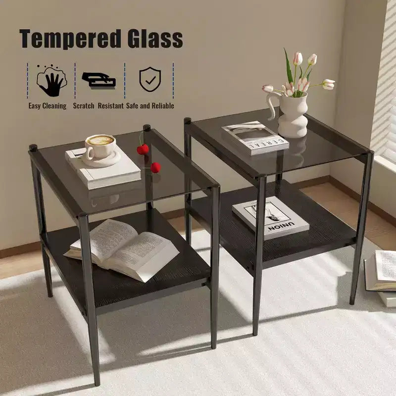 Table d'appoint rectangulaire, dessus de table en verre trempé avec couche de MDF, table moderne pour le salon, verre gris