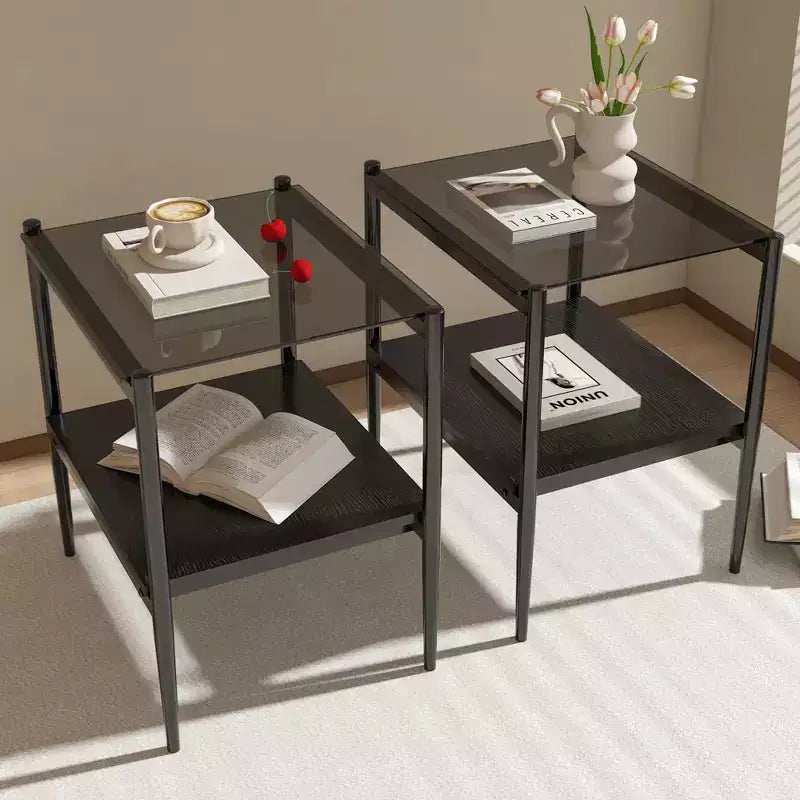 Set of 2 Rectangle End Table, Tempered Glass Tabletop with MDF layer, Modern Table for Living Room , Gray Glass