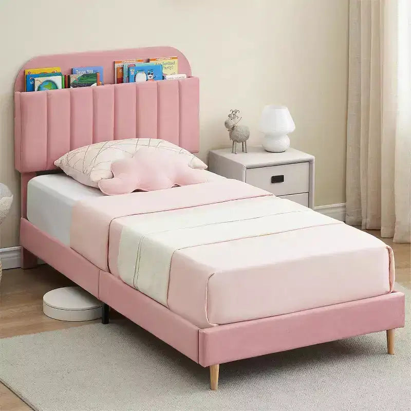 Cadre de lit bibliothèque en velours Lit plateforme pour enfants jumeaux/jumeaux XL/complets avec tête de lit de rangement, cadre en acier robuste