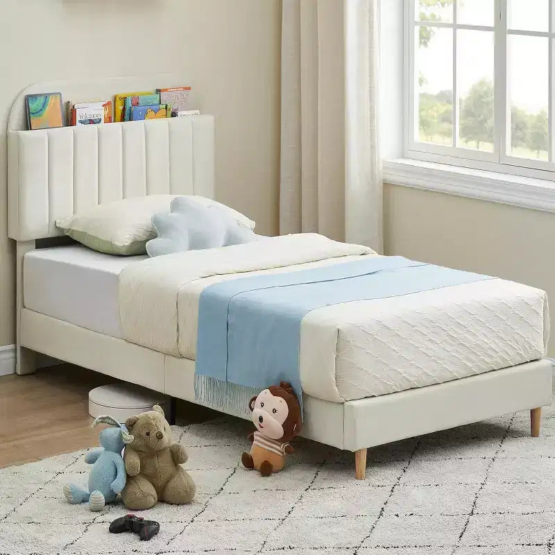 Cadre de lit bibliothèque en velours Lit plateforme pour enfants jumeaux/jumeaux XL/complets avec tête de lit de rangement, cadre en acier robuste