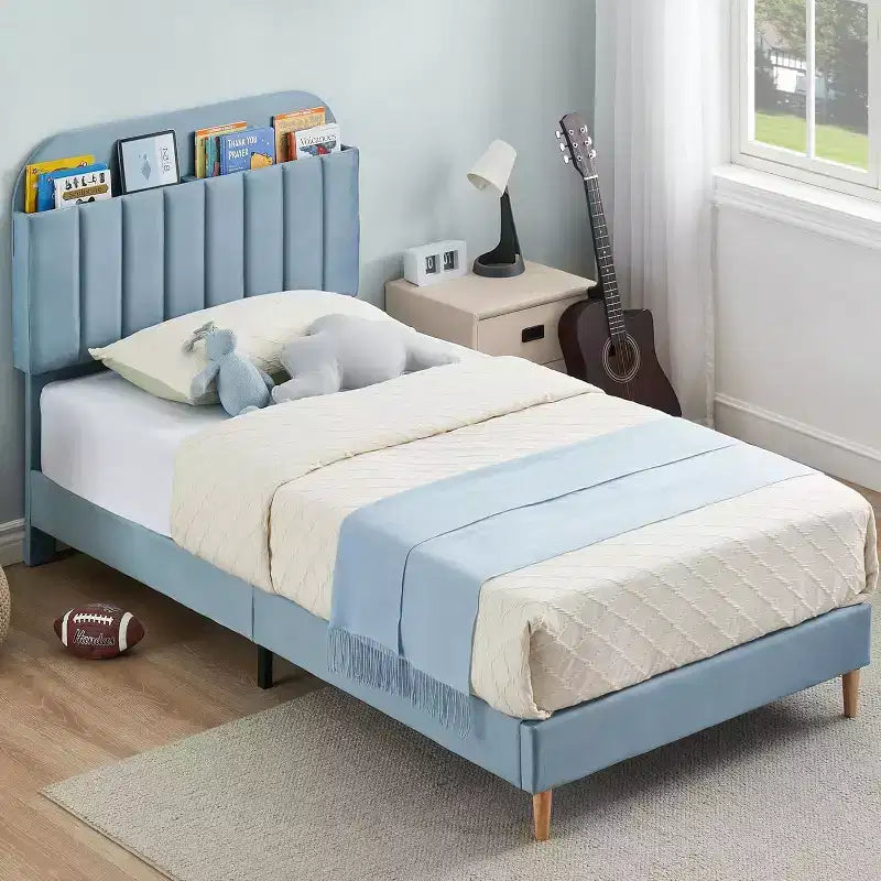 Cadre de lit bibliothèque en velours Lit plateforme pour enfants jumeaux/jumeaux XL/complets avec tête de lit de rangement, cadre en acier robuste