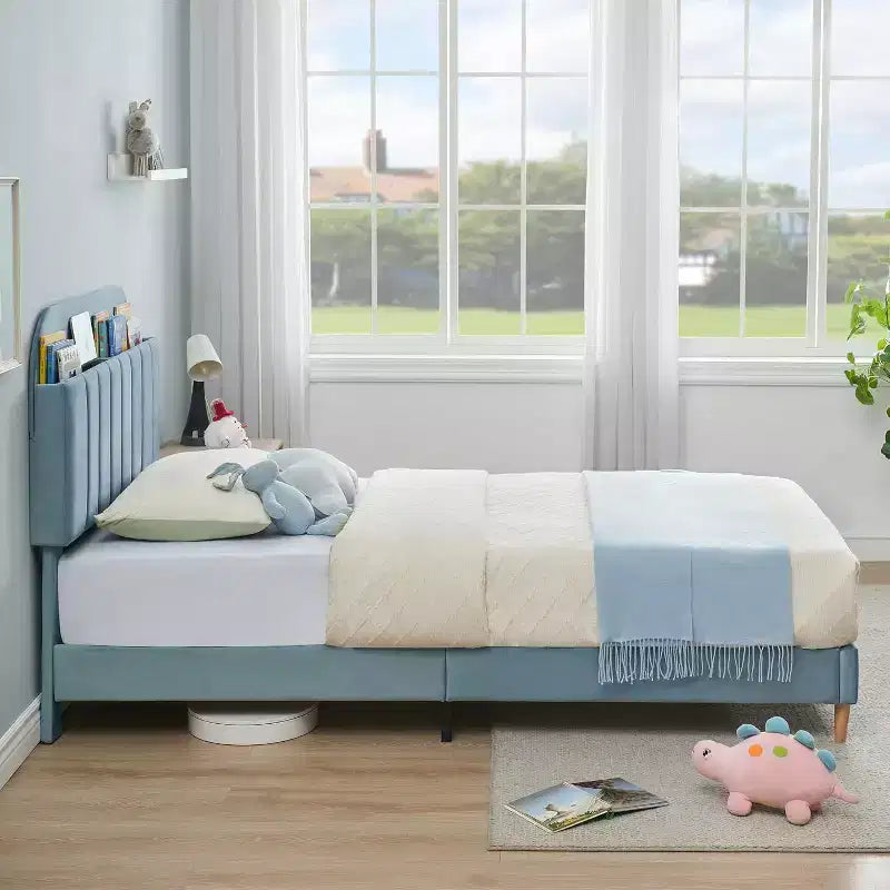 Cadre de lit bibliothèque en velours Lit plateforme pour enfants jumeaux/jumeaux XL/complets avec tête de lit de rangement, cadre en acier robuste