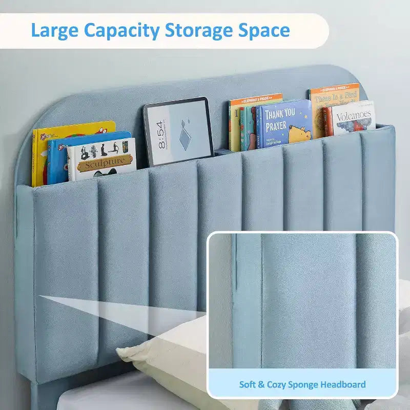 Cadre de lit bibliothèque en velours Lit plateforme pour enfants jumeaux/jumeaux XL/complets avec tête de lit de rangement, cadre en acier robuste