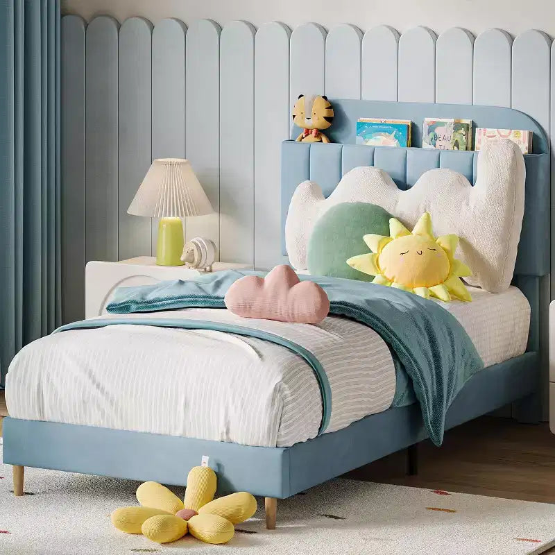 Velvet Bookcase Bed Frame  Twin/Twin XL/Full Kids Platform Bed w/ Storage Headboard, Heavy-Duty Steel Frame