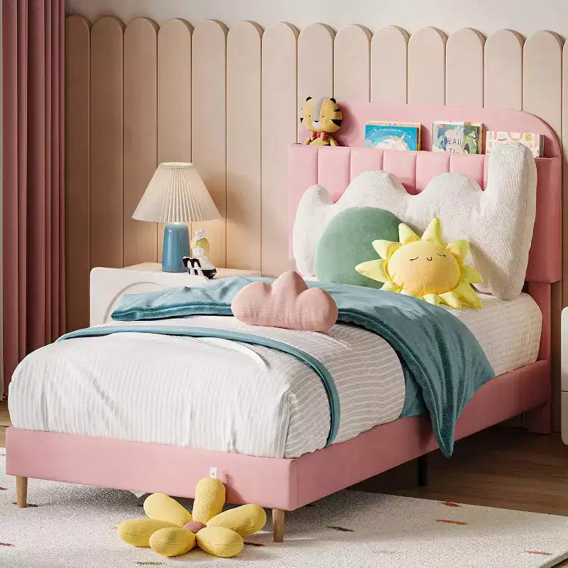 Cadre de lit bibliothèque en velours Lit plateforme pour enfants jumeaux/jumeaux XL/complets avec tête de lit de rangement, cadre en acier robuste
