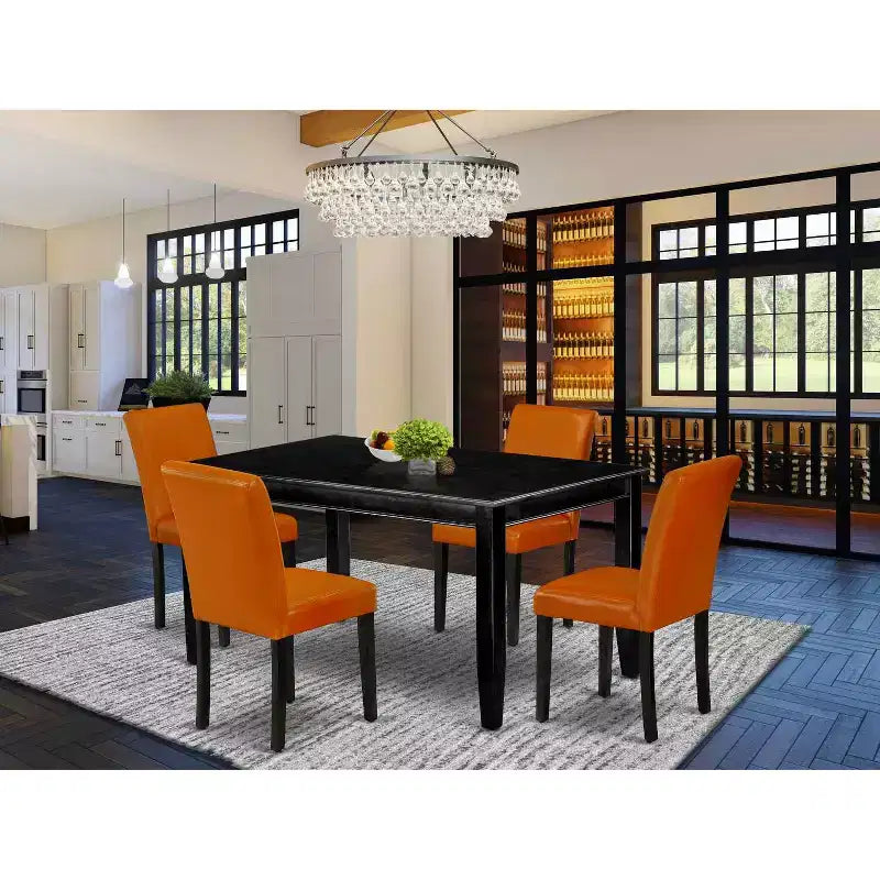 HomeStock 5-Piece Rectangle Black Finish Solid Wood Top Dining Table with 4 Parson Chair