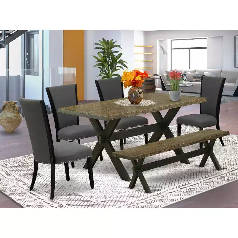 HomeStock 6-Piece Rectangle Distressed Jacobean Finish Solid Wood Top Dining Table with 1-Bench, 4-Chairs