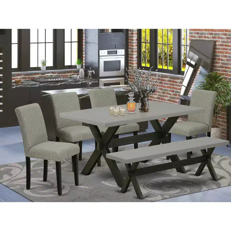 HomeStock 6-Pc Rectangle Natural Oak Finish Solid Wood Top Dining Table with 1-Bench, 4-Chairs