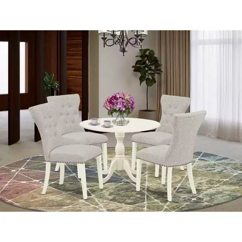 HomeStock 5-Piece Linen White Finish Solid Wood Top Dining Table with 4 Parson Chair with Drop Leaf Lattice Back