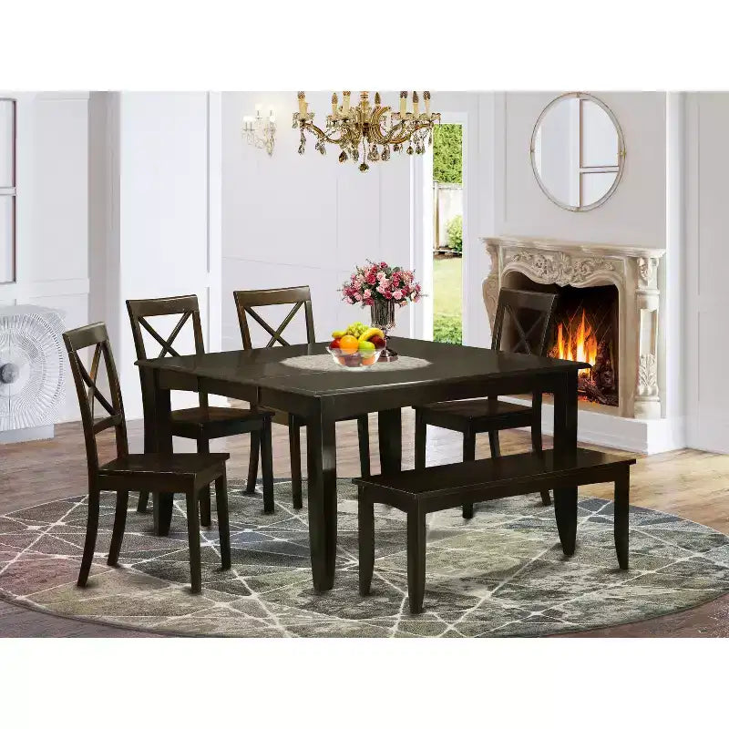 HomeStock 6-Piece Square Cappuccino Finish Solid Wood Top dining Table with 1-Bench and 4-Chairs