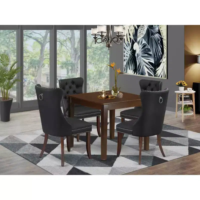 5-Piece Mahogany Finish Solid Wood Top - Square Upholstered Dining Room Set - Seats 4