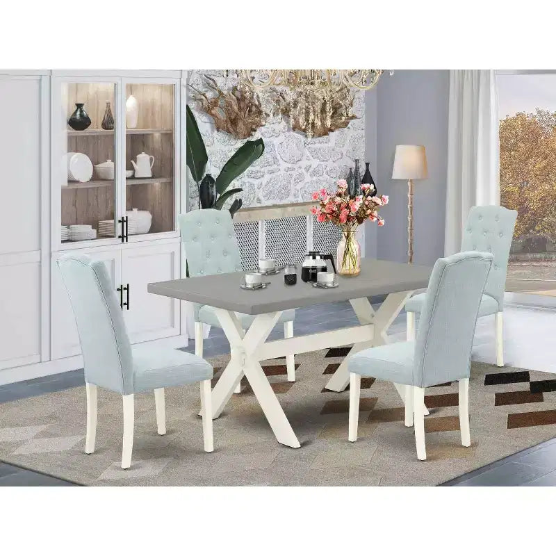 HomeStock 5-Piece Rectangle Natural Oak Finish Solid Wood Top Dining Table with 4 Upholstered Chairs