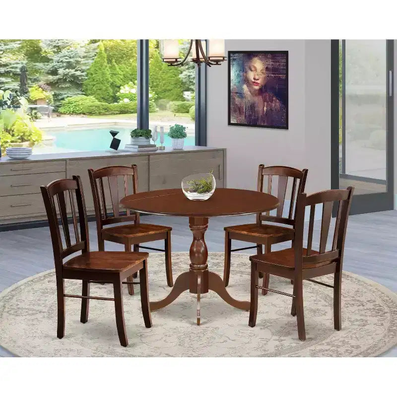 HomeStock 5-Piece Mahogany Finish Solid Wood Top Dining table with 4 Chairs with Drop Leaf Slat Back