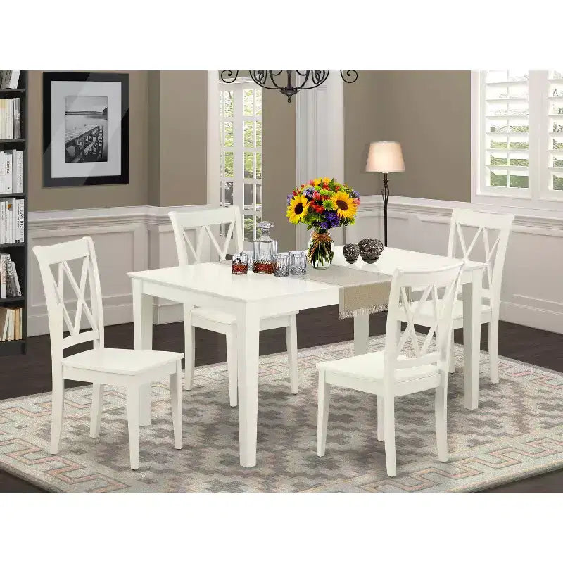 HomeStock 5-Pc Linen White Finish Solid Wood Top - Rectangular Dining Room Set - Seats 4