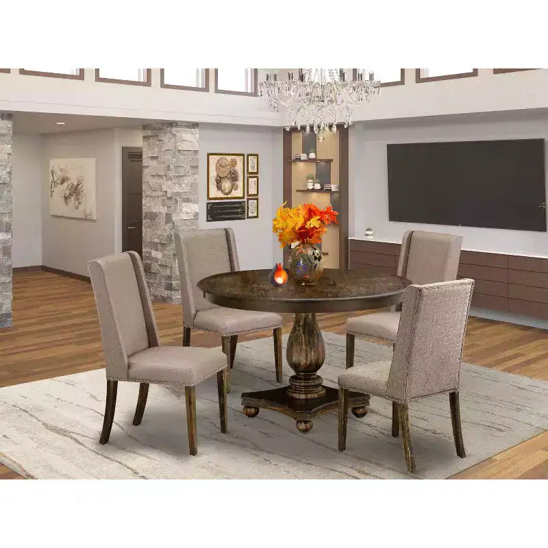 HomeStock 5-Piece Distressed Jacobean Finish Solid Wood Top Dining Table with 4 Parson Chair