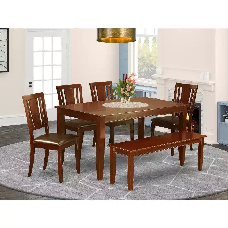 Asian Fusion Kitchen Table Set - Dining Table with 4 Chairs & Bench - Modern Dining Room Furniture