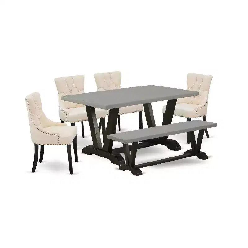 HomeStock 6-Piece Rectangle Natural Oak Finish Solid Wood Top Dining Table with 1-Bench, 4-Chairs