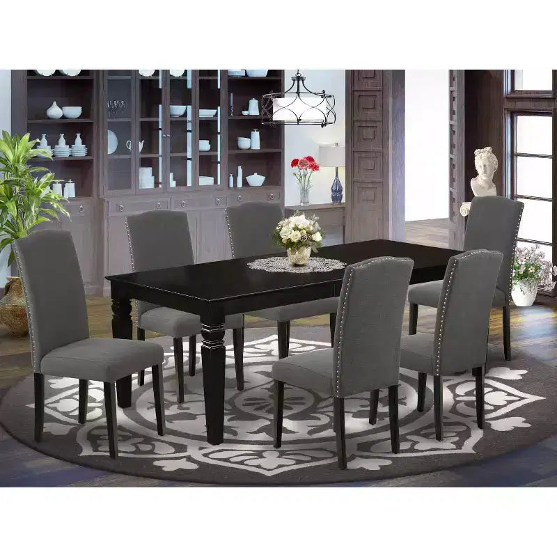 HomeStock 7-Piece Rectangle Black Finish Solid Wood Top Dining Table with 6 Parson-Chairs