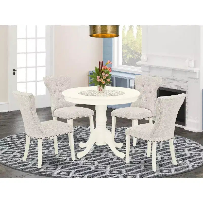 HomeStock 5-Piece Round Linen White Finish Solid Wood Top Dining Table with 4 Parson Chair