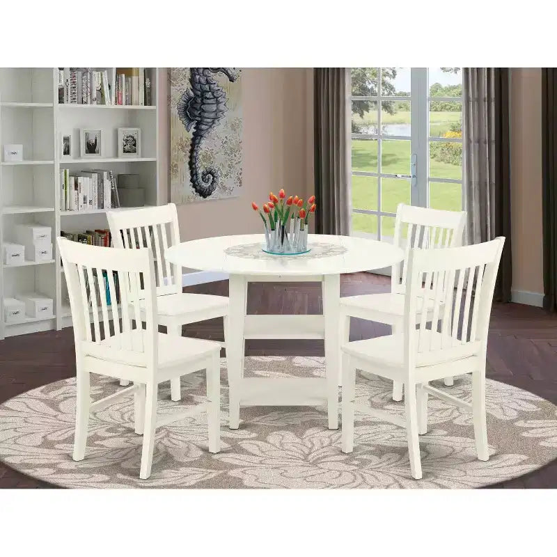 HomeStock 5-Pc Linen White Finish Solid Wood Top - Round Dining Room Set - Seats-4
