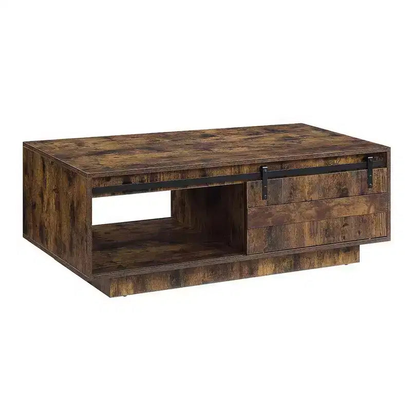 Royal Hampton 47 Inch Rustic Oak Coffee Table, Sliding Barn Door, Single Drawer