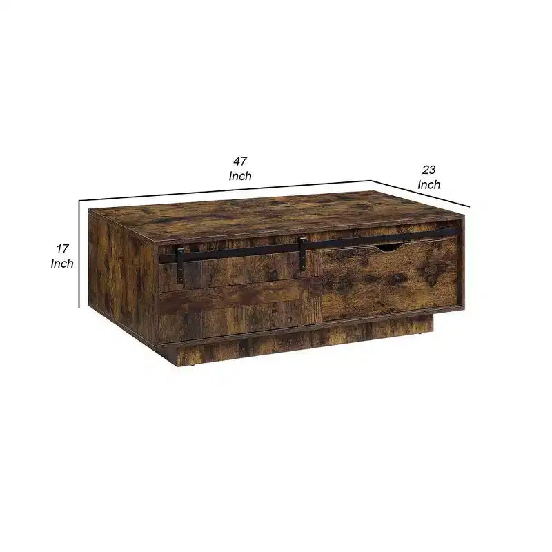 Royal Hampton 47 Inch Rustic Oak Coffee Table, Sliding Barn Door, Single Drawer