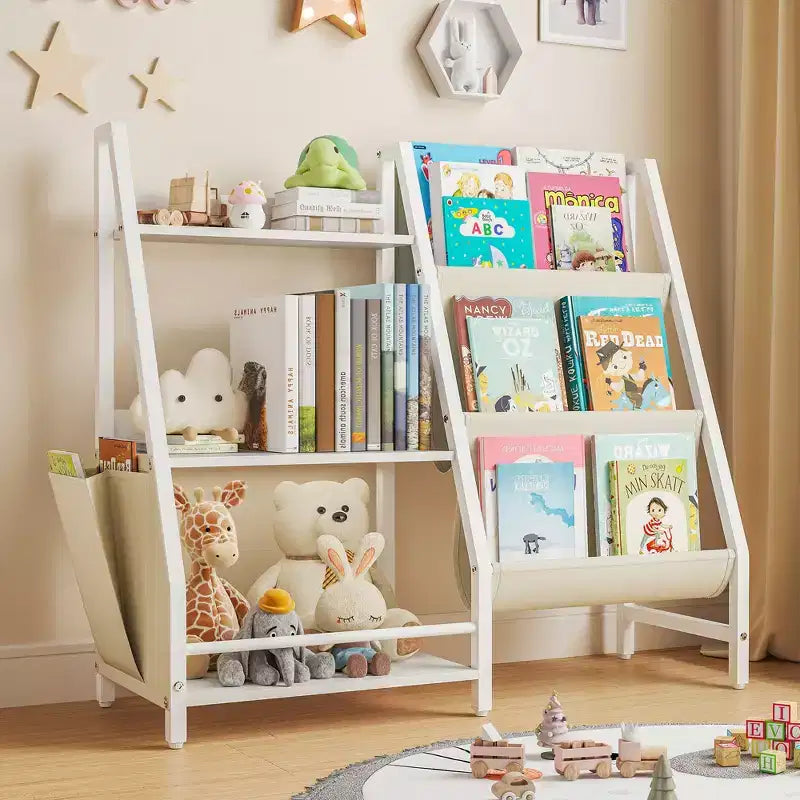 3-Tier Kids Bookshelf and Toy Organizer with Sling Fabric Pockets