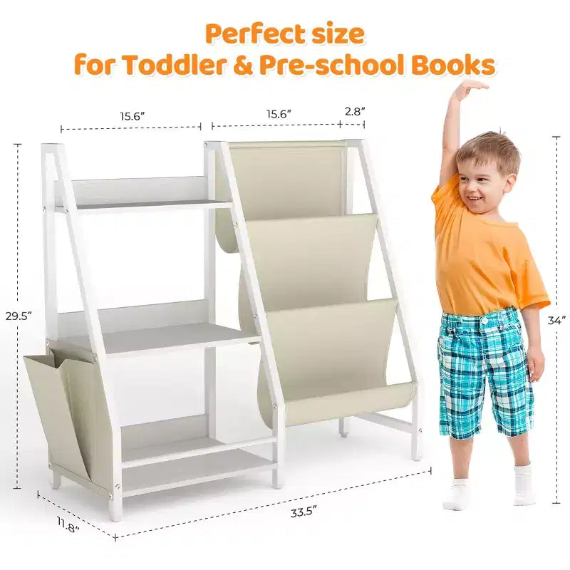 3-Tier Kids Bookshelf and Toy Organizer with Sling Fabric Pockets