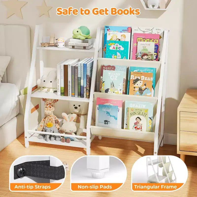 3-Tier Kids Bookshelf and Toy Organizer with Sling Fabric Pockets