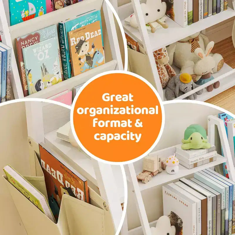 3-Tier Kids Bookshelf and Toy Organizer with Sling Fabric Pockets