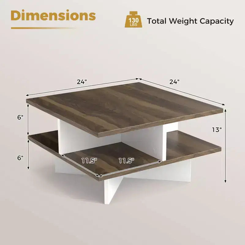 Costway 2-Tier Coffee Table Farmhouse Modern Center Table for Living Room Walnut and White