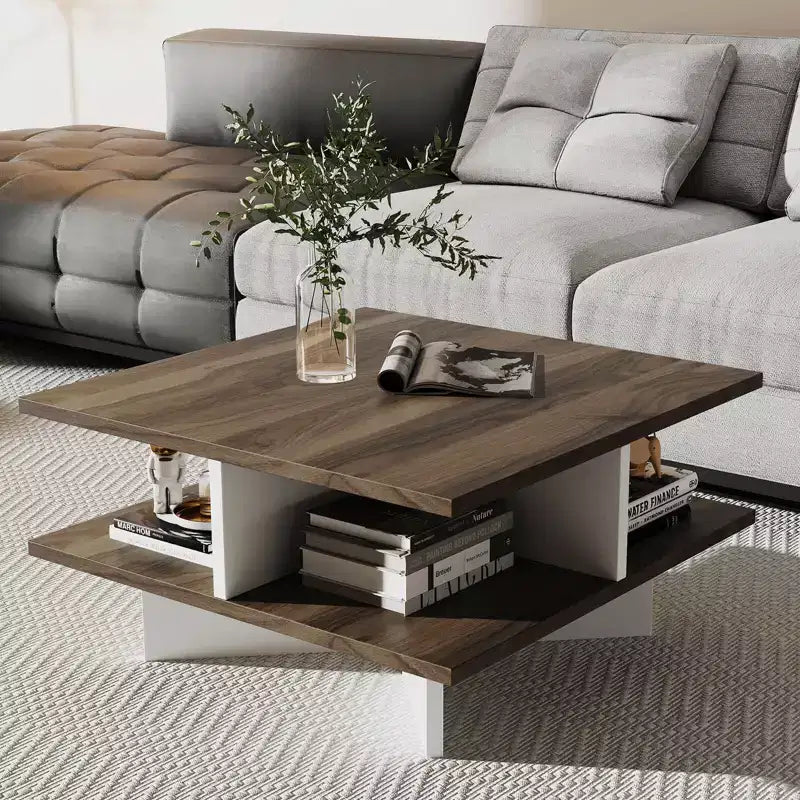 Costway 2-Tier Coffee Table Farmhouse Modern Center Table for Living Room Walnut and White