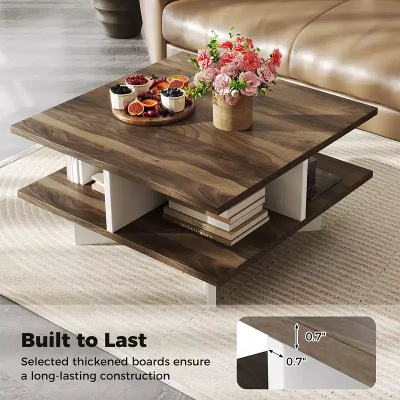 Costway 2-Tier Coffee Table Farmhouse Modern Center Table for Living Room Walnut and White