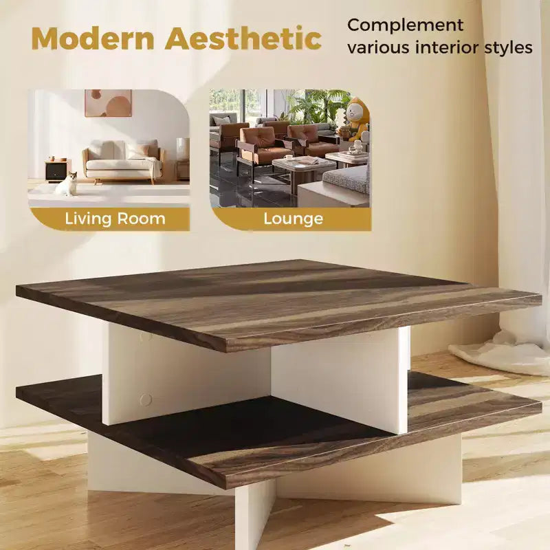 Costway 2-Tier Coffee Table Farmhouse Modern Center Table for Living Room Walnut and White