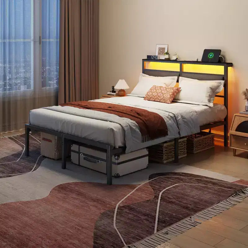 Full Size Modern Metal Platform Bed Frame with Storage Headboard RGB LED Lights Charging Station USB Ports No Box Spring Needed Noise Free Black Bed