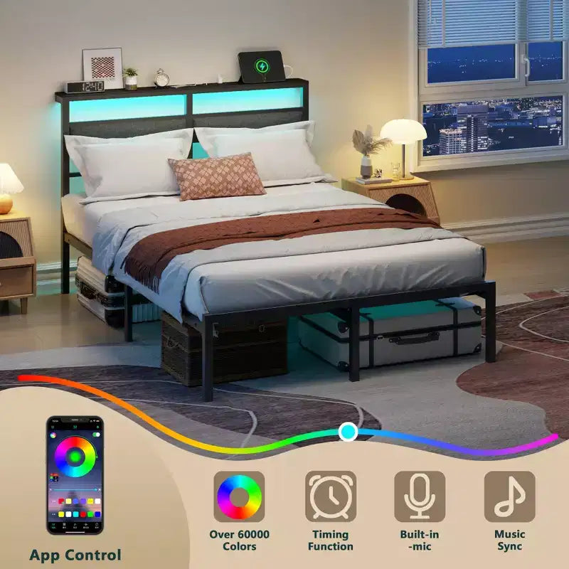 Full Size Modern Metal Platform Bed Frame with Storage Headboard RGB LED Lights Charging Station USB Ports No Box Spring Needed Noise Free Black Bed