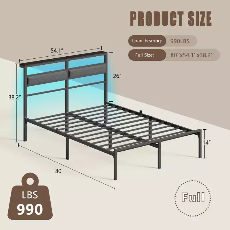 Full Size Modern Metal Platform Bed Frame with Storage Headboard RGB LED Lights Charging Station USB Ports No Box Spring Needed Noise Free Black Bed