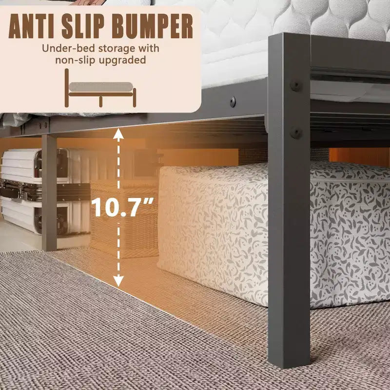 Full Size Modern Metal Platform Bed Frame with Storage Headboard RGB LED Lights Charging Station USB Ports No Box Spring Needed Noise Free Black Bed