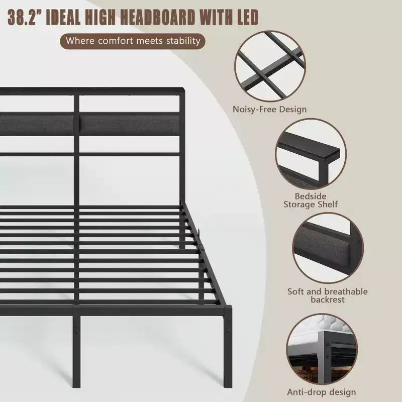 Full Size Modern Metal Platform Bed Frame with Storage Headboard RGB LED Lights Charging Station USB Ports No Box Spring Needed Noise Free Black Bed